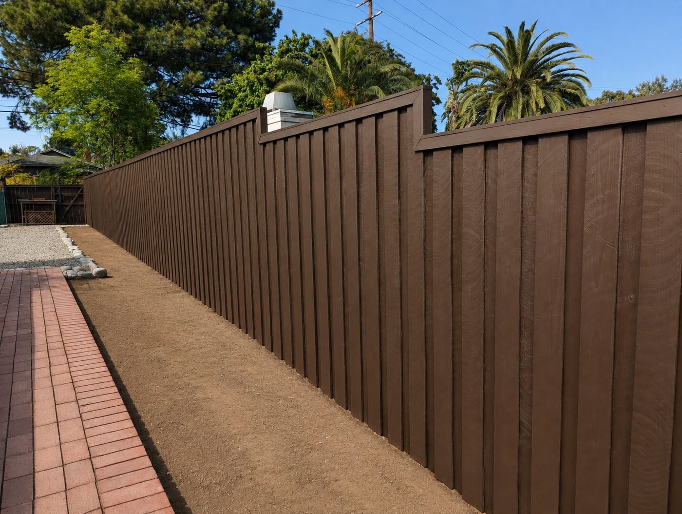 New board-and-batten cedar fence in deep chocolate brown stain along a brick paver walkway — ProHands Home Improvement Los Angeles