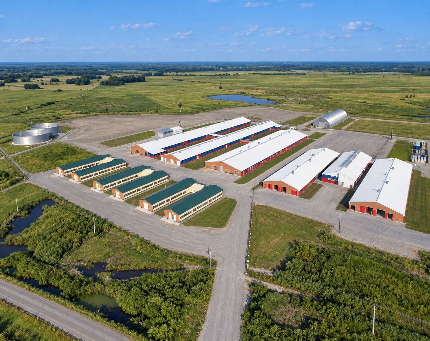 Aerial view of a large cattle and dairy complex built by the ProHands team in Russia — multiple long barns with white and red roofs, grain-storage silos and clear-span hangars set in open pasture