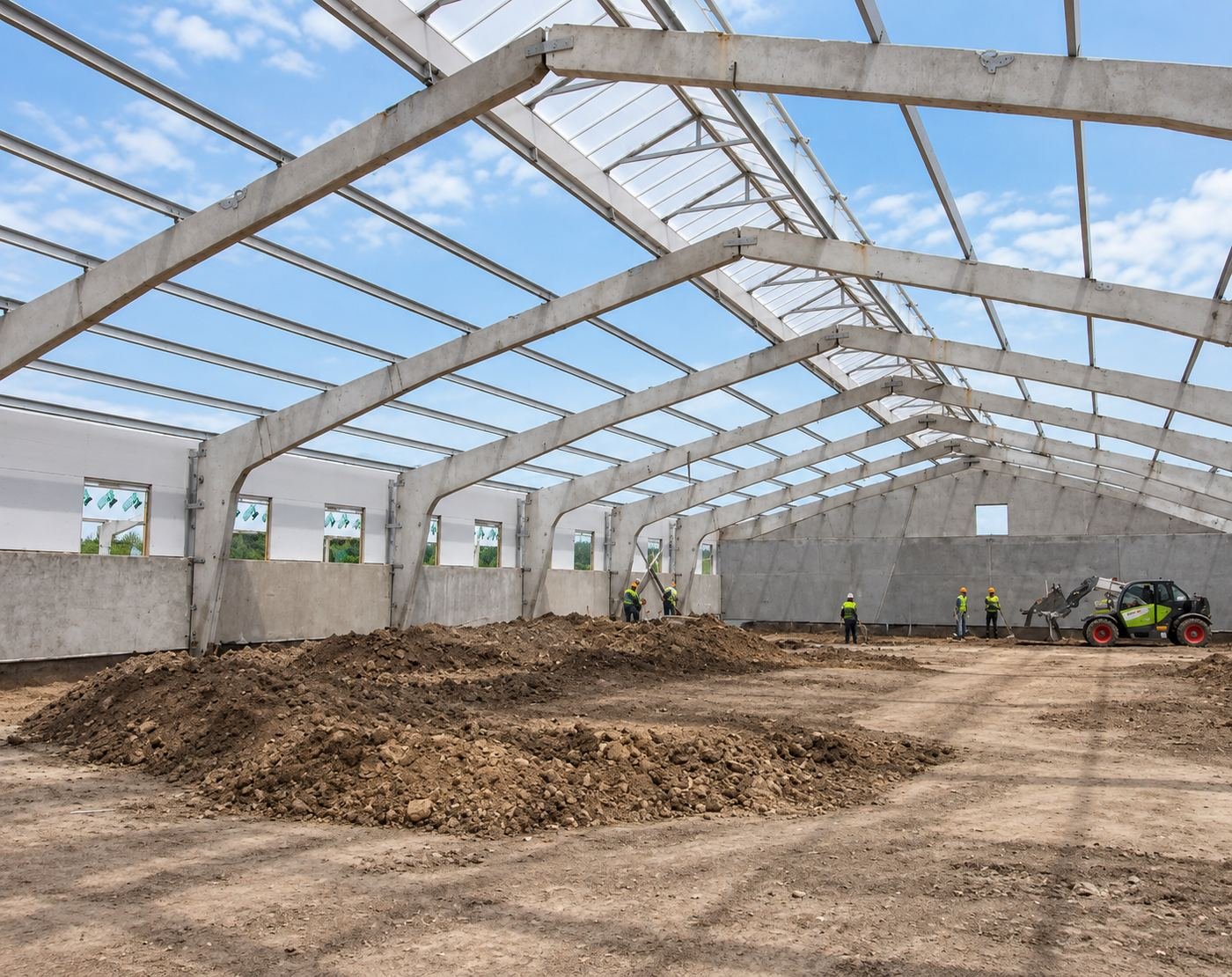 Earlier-work construction stage — crew on-site erecting pre-cast concrete frames for a large agricultural barn in Russia, telehandler and workers in high-visibility vests