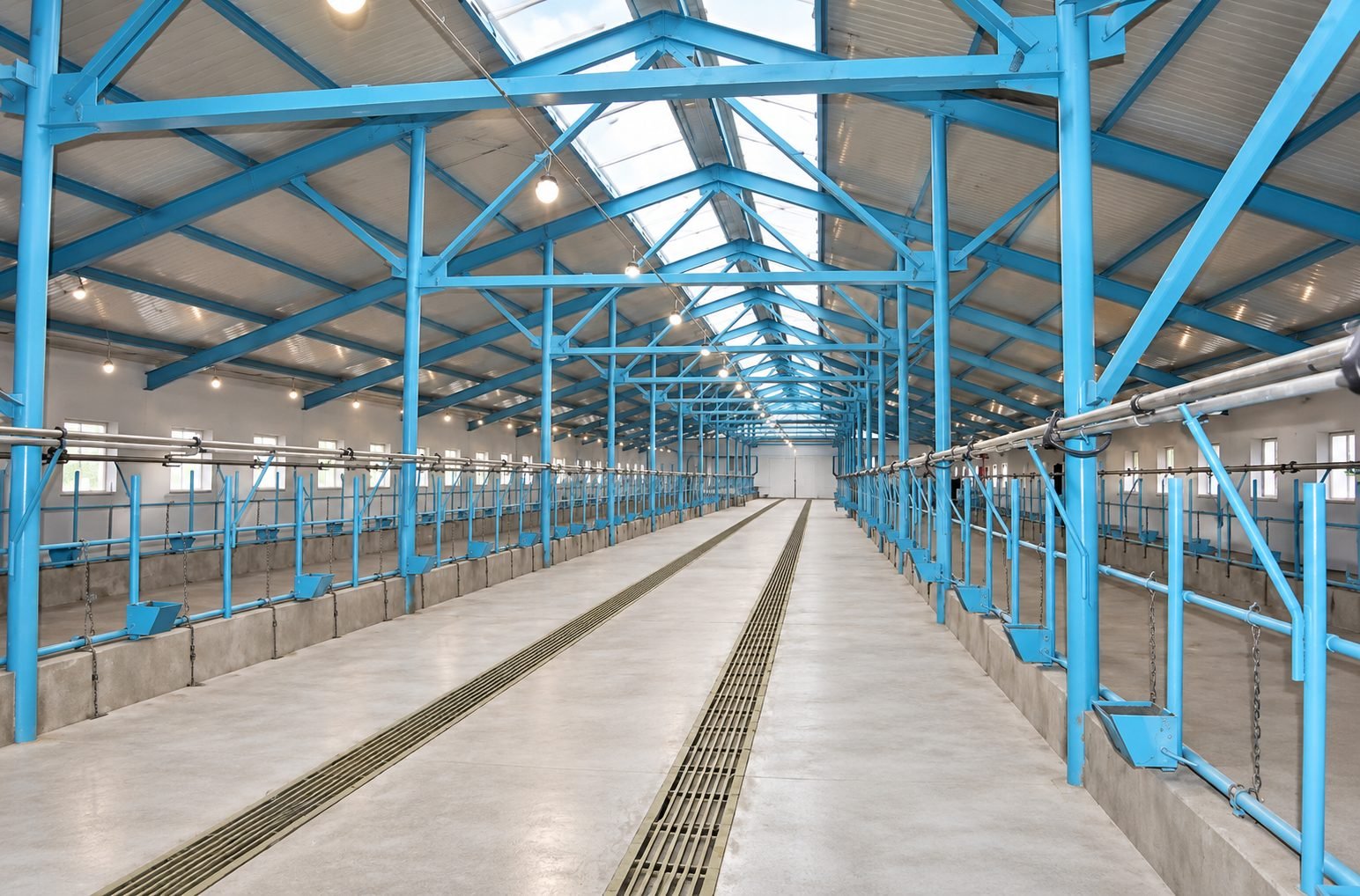 Interior of a milking parlor with blue-painted steel trusses — ProHands Russia Portfolio 2013–2022