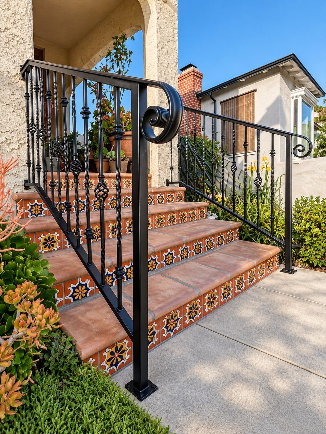 Right-side custom wrought-iron handrail with twisted balusters and a hand-formed scroll end — fabricated and installed by ProHands at a Spanish-style home in Los Angeles