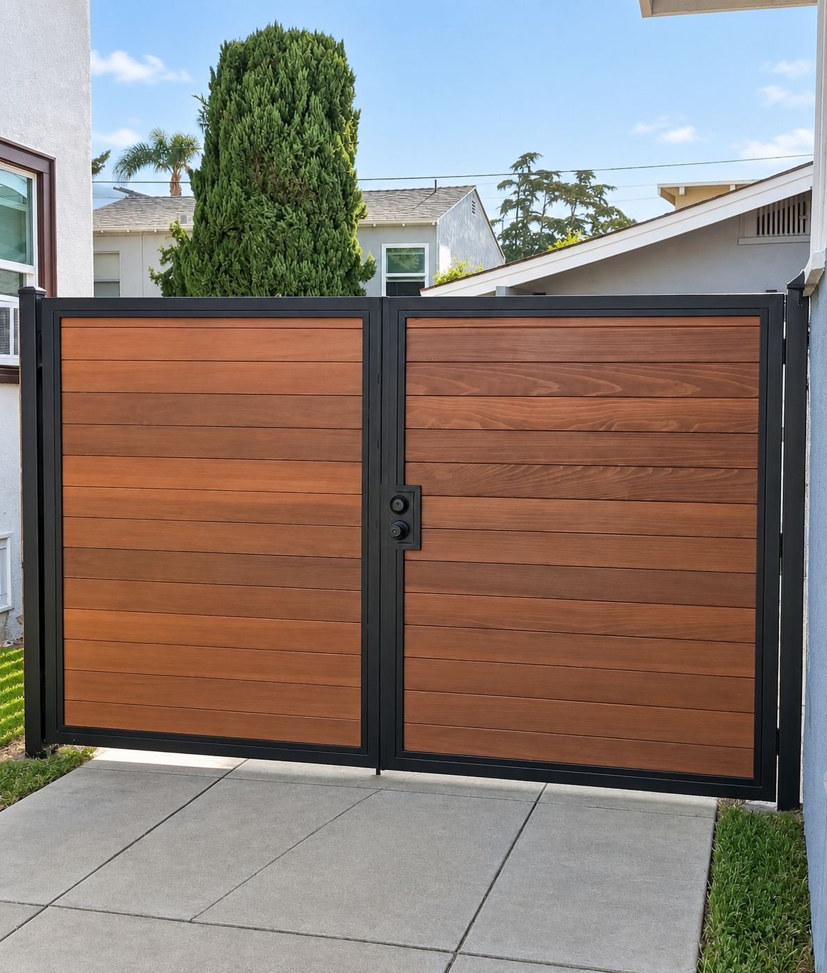 Custom double-swing driveway gate built from scratch by ProHands — welded black steel frame with horizontal clear-wood boards in a warm honey tone and a keypad smart lock on the active leaf, residential driveway in Los Angeles