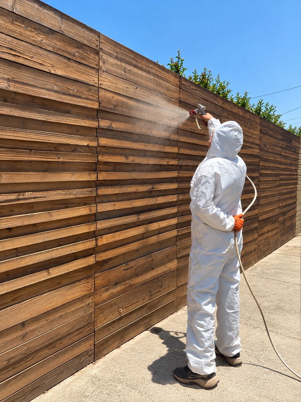 Painting and staining in Los Angeles — ProHands painter in full Tyvek suit airless-spraying transparent exterior stain