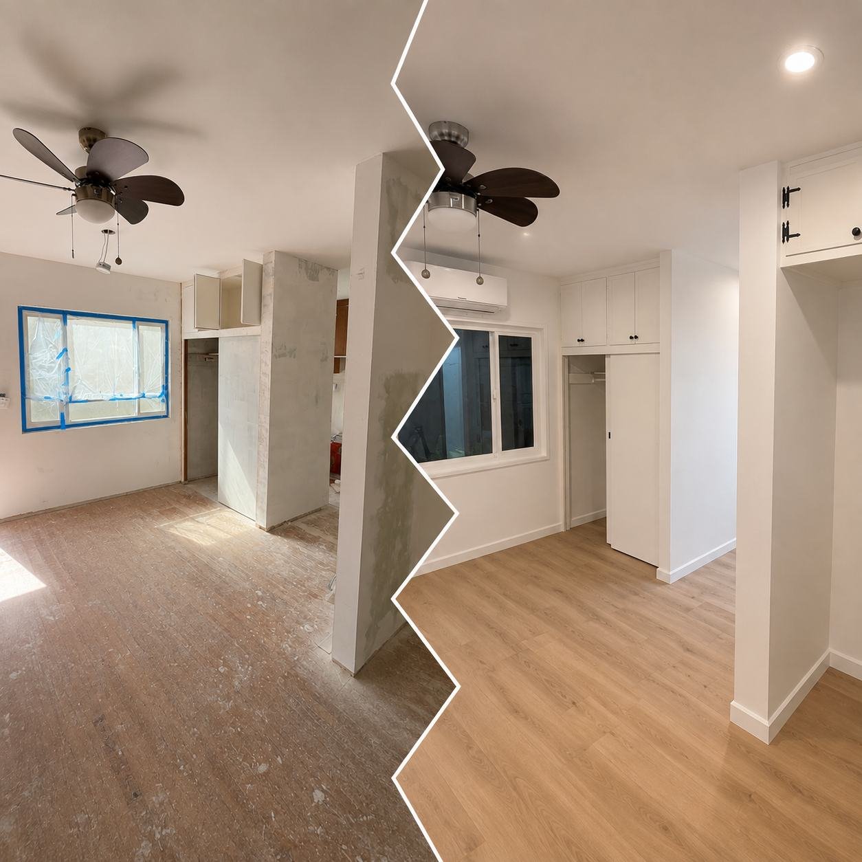 Before and after of the main room of a Los Angeles apartment remodel — raw patched walls and water-damaged subfloor in the before, finished LVP floor and white walls with repainted built-ins in the after — ProHands