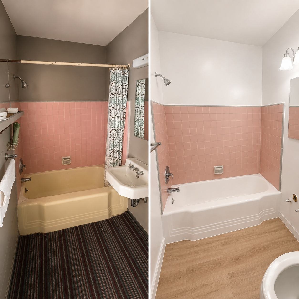 Before and after of the apartment bathroom — stained bathtub and carpeted dark floor in the before, white refinished tub and bright wood-look floor in the after — ProHands Los Angeles