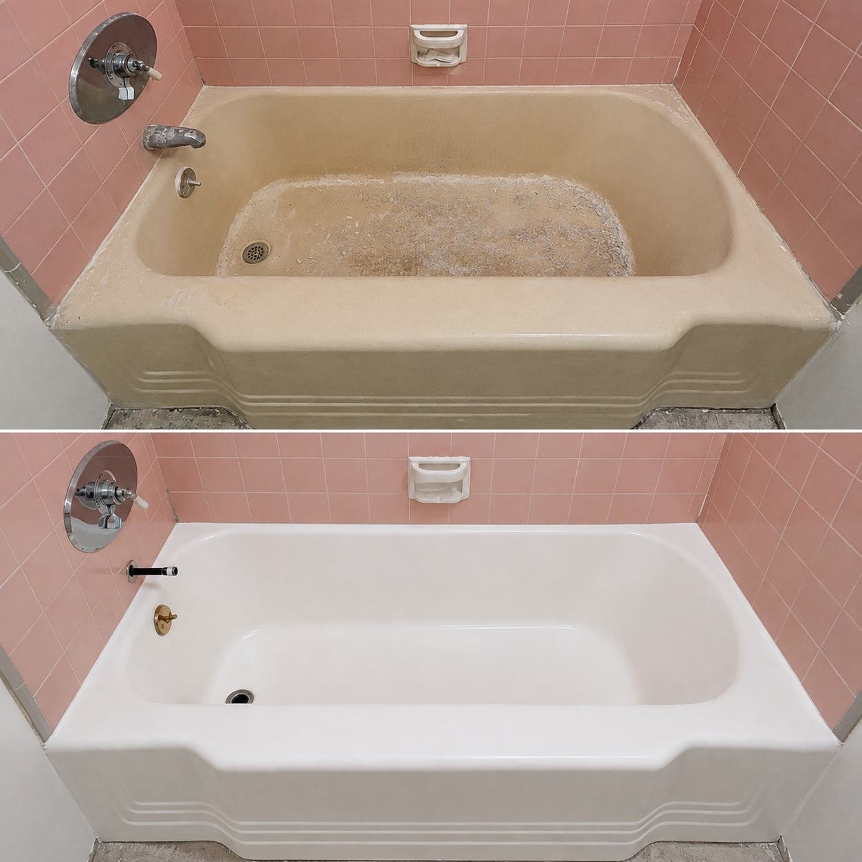 Before and after of a cast-iron bathtub refinish — tan/stained worn surface in the before, bright glossy white finish in the after, with original pink wall tile kept — ProHands Los Angeles