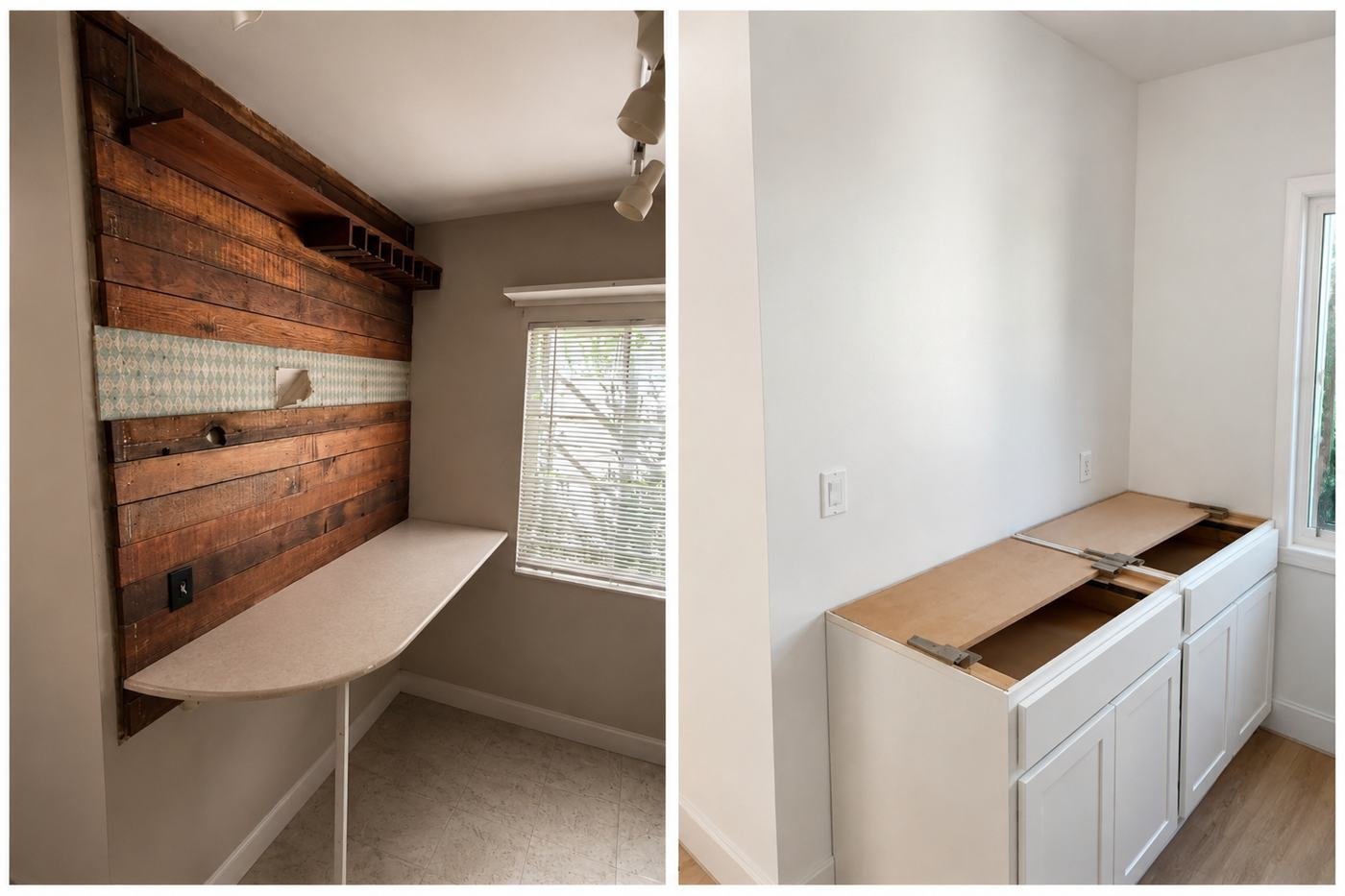 Before and after of an apartment wall — reclaimed wood plank feature wall with wallpaper strip and fold-up table in the before, clean white wall with new base cabinets in the after — ProHands Los Angeles