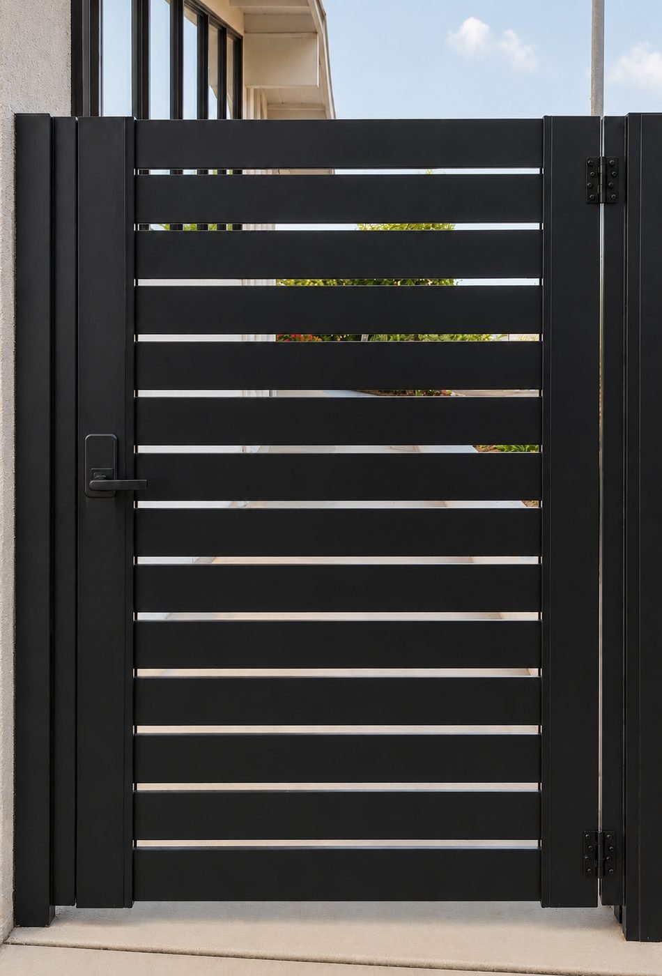 Horizontal aluminum slat gate detail with black lever handle and visible hinges — ProHands Los Angeles