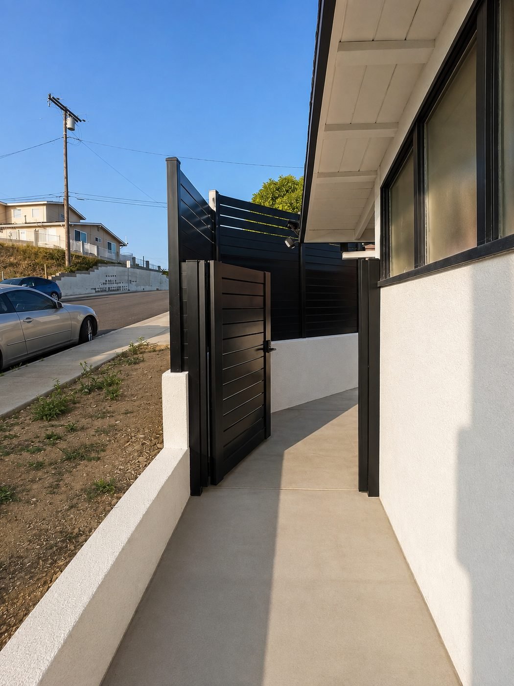 Side-yard entry with matte black horizontal aluminum slat gate and matching fence beside white stucco mid-century home in hillside Los Angeles — ProHands
