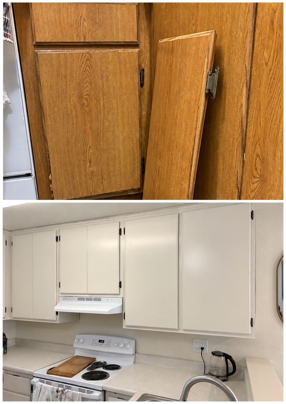 Before and after of a Glendale kitchen cabinet refinish — top shows damaged dark oak laminate doors with peeling veneer; bottom shows the same cabinets painted warm white with new white range hood — ProHands