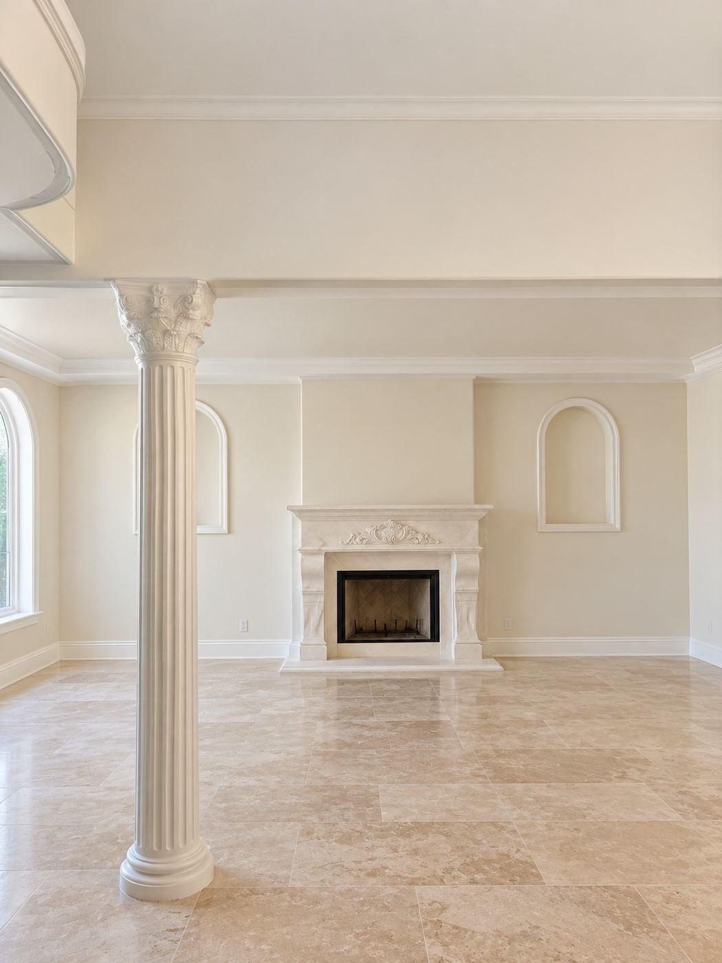 Finished formal room from Chapter 2 of the series — hand-carved Corinthian column, ornate limestone fireplace and travertine floor — the room this entire prep + spray + brush process is in service of — ProHands Los Angeles