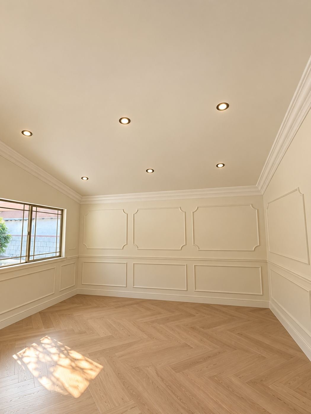Formal room with white picture-frame wainscot and vaulted ceiling, light-oak herringbone floor and arched window with iron grille — Mediterranean mansion remodel, LA