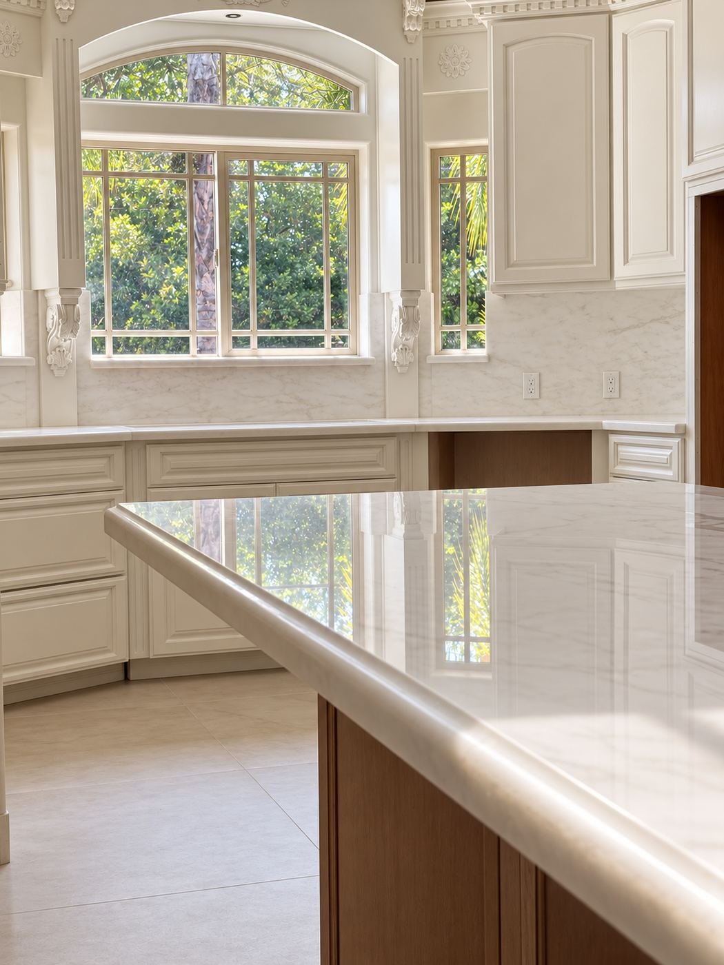 Main kitchen island with wood-wrapped base and polished marble countertop under a bank of arched windows framed with carved brackets and marble backsplash — ProHands mansion remodel LA