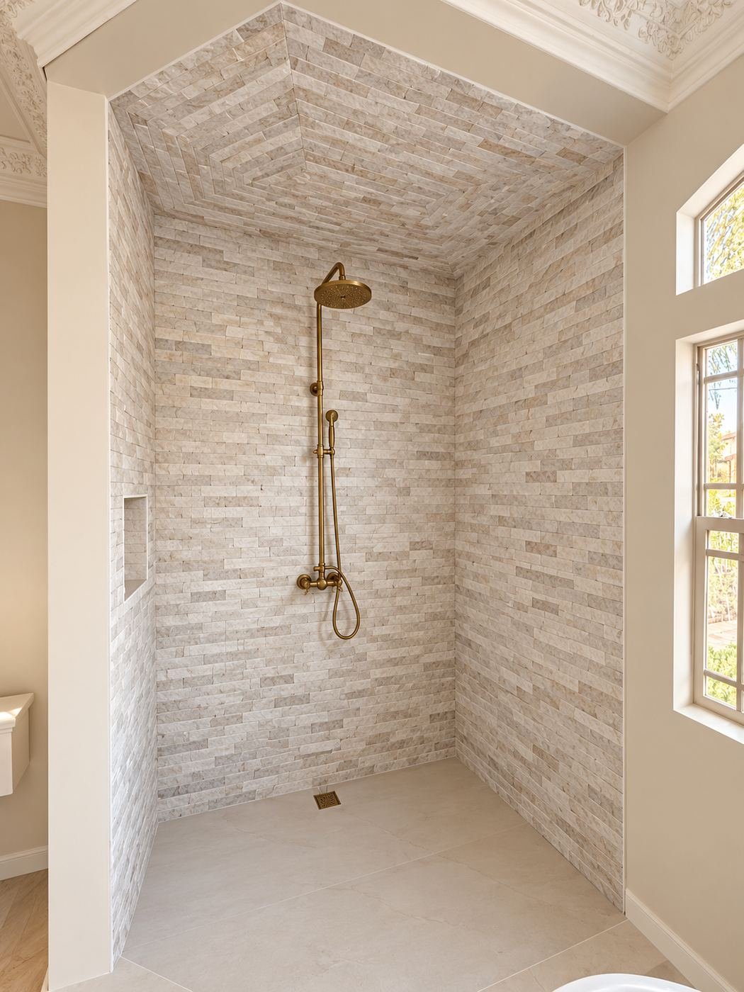 Master bath shower in stacked natural stone with exposed-pipe polished brass — ProHands LA mansion
