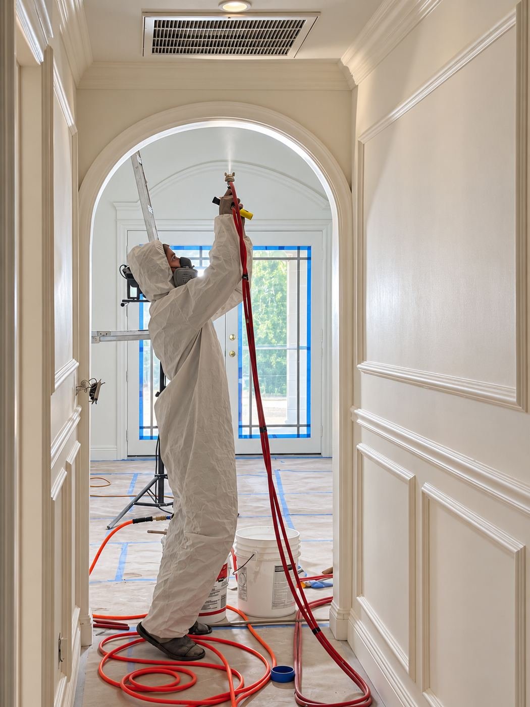 ProHands painter in Tyvek suit and respirator with an airless spray gun working inside a large arched opening at the entry, blue tape on the trim, floor fully covered with rosin paper — Mediterranean mansion remodel, Los Angeles