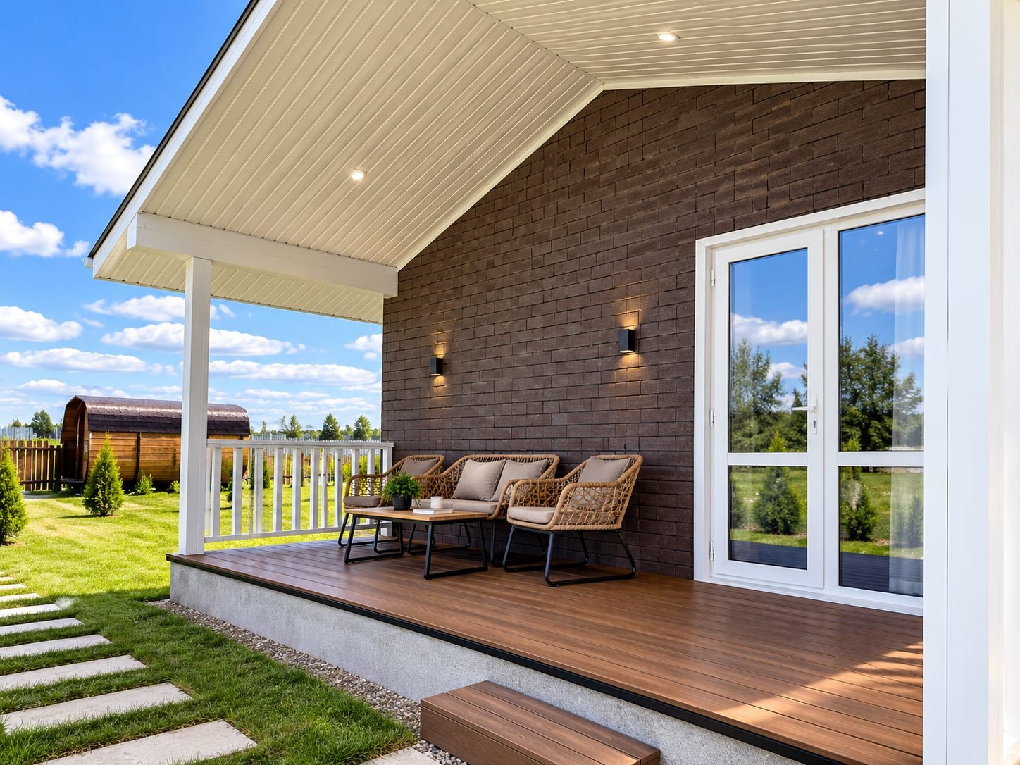 Covered porch with dark brick wall and composite decking — ProHands Russia Portfolio 2013–2022