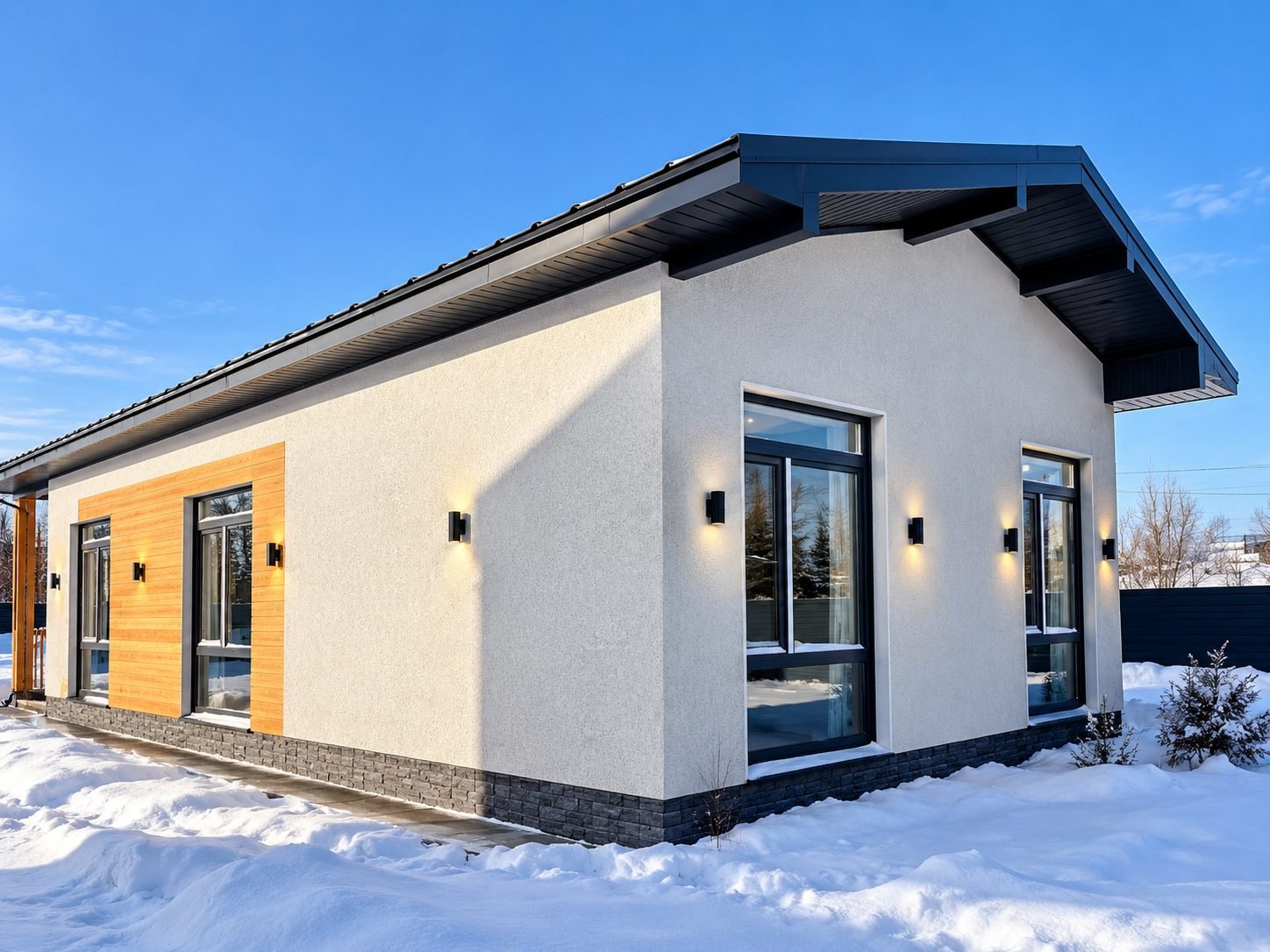 Grey stucco modern bungalow, winter — ProHands Russia Portfolio 2013–2022