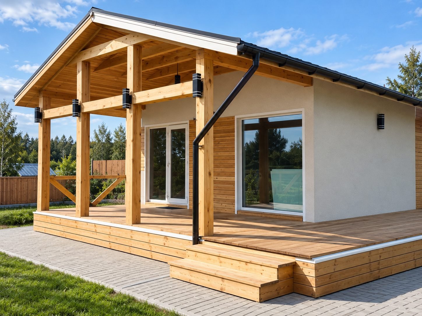 Timber-frame open porch on a stucco bungalow — ProHands Russia Portfolio 2013–2022