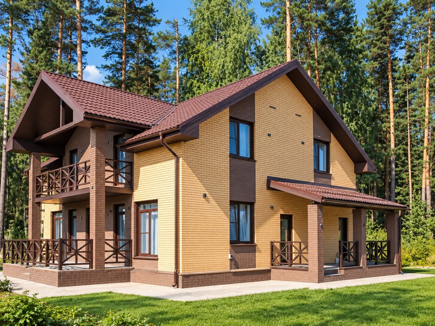 Yellow brick two-story home in pine forest — ProHands Russia Portfolio 2013–2022