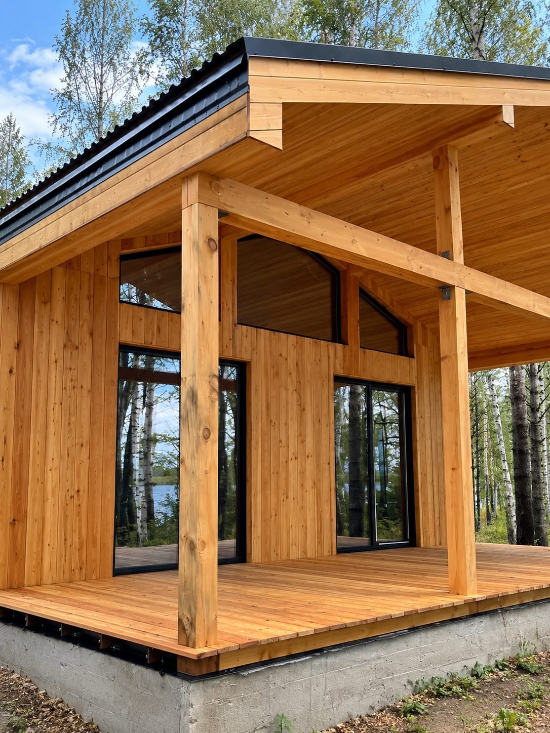 Cedar deck of a lake-side cabin surrounded by birch trees — ProHands Russia Portfolio 2013–2022