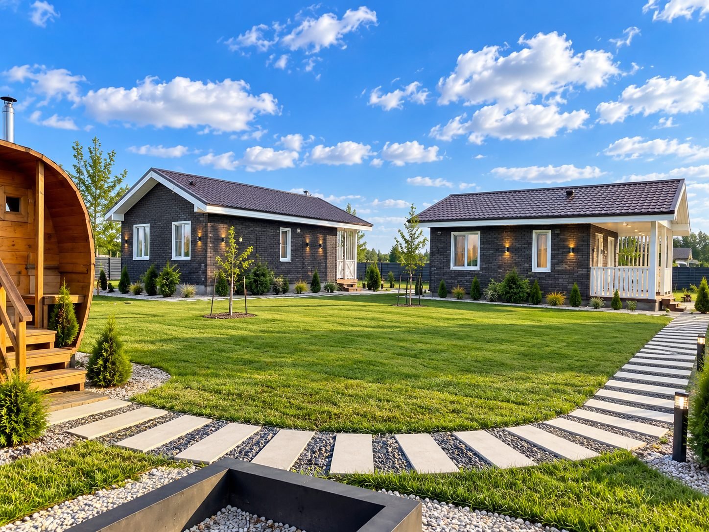 Twin cottages with landscaped lawn and barrel sauna — ProHands Russia Portfolio 2013–2022