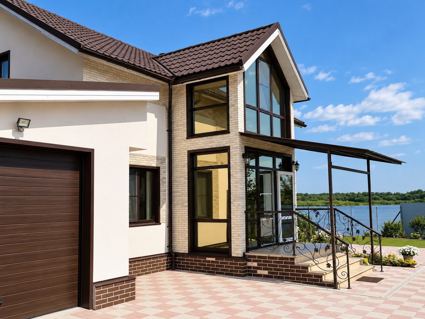 Modern beige brick home with panoramic glass by a lake — ProHands Russia Portfolio 2013–2022