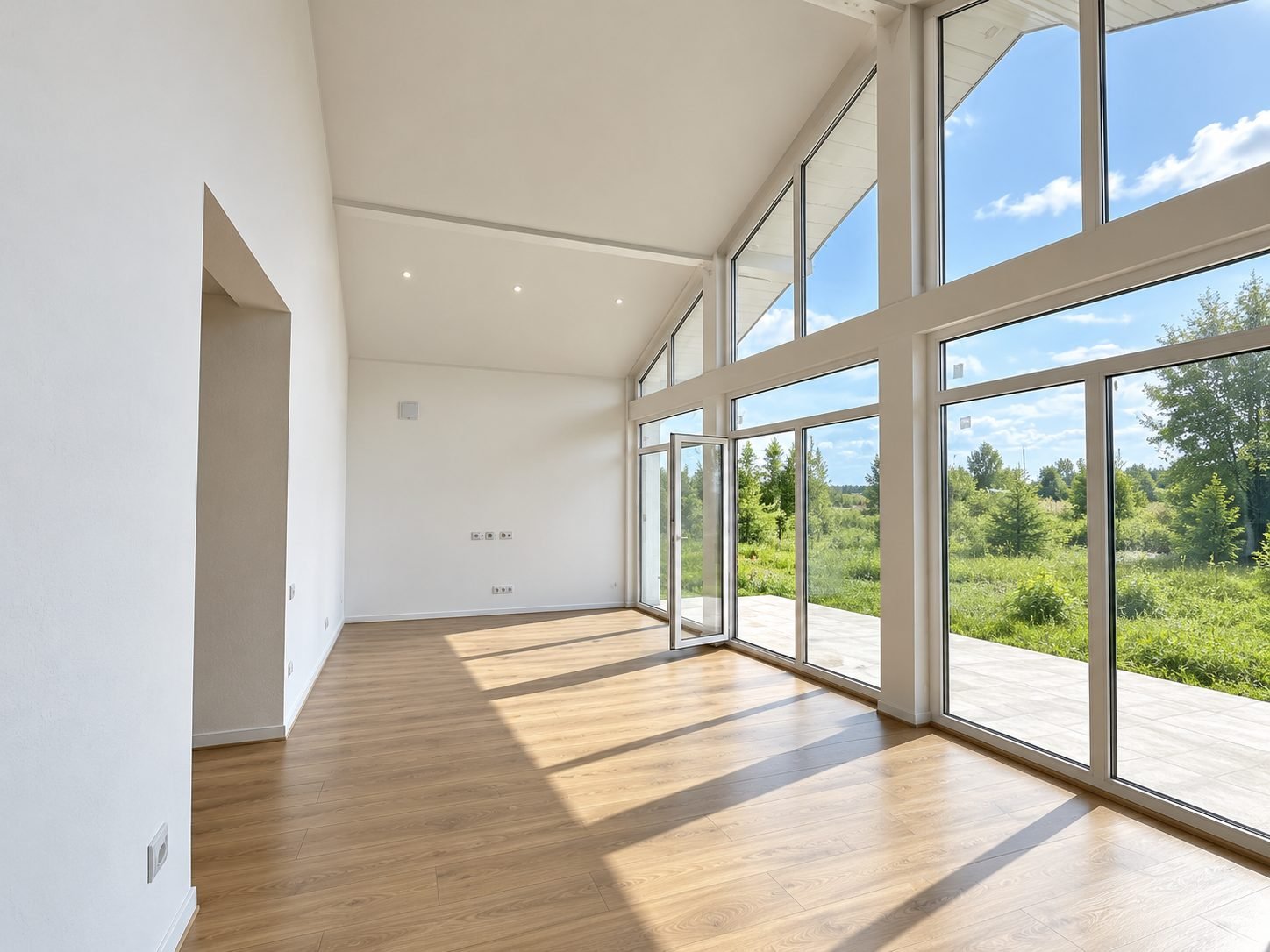 Interior living room with vaulted ceiling and glass wall — ProHands Russia Portfolio 2013–2022