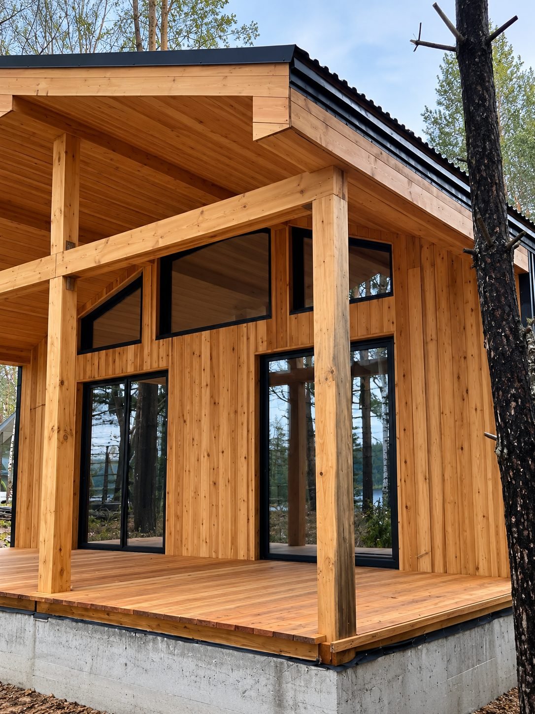 Cedar post-and-beam cabin by a lake with floor-to-ceiling glass — ProHands Russia Portfolio 2013–2022