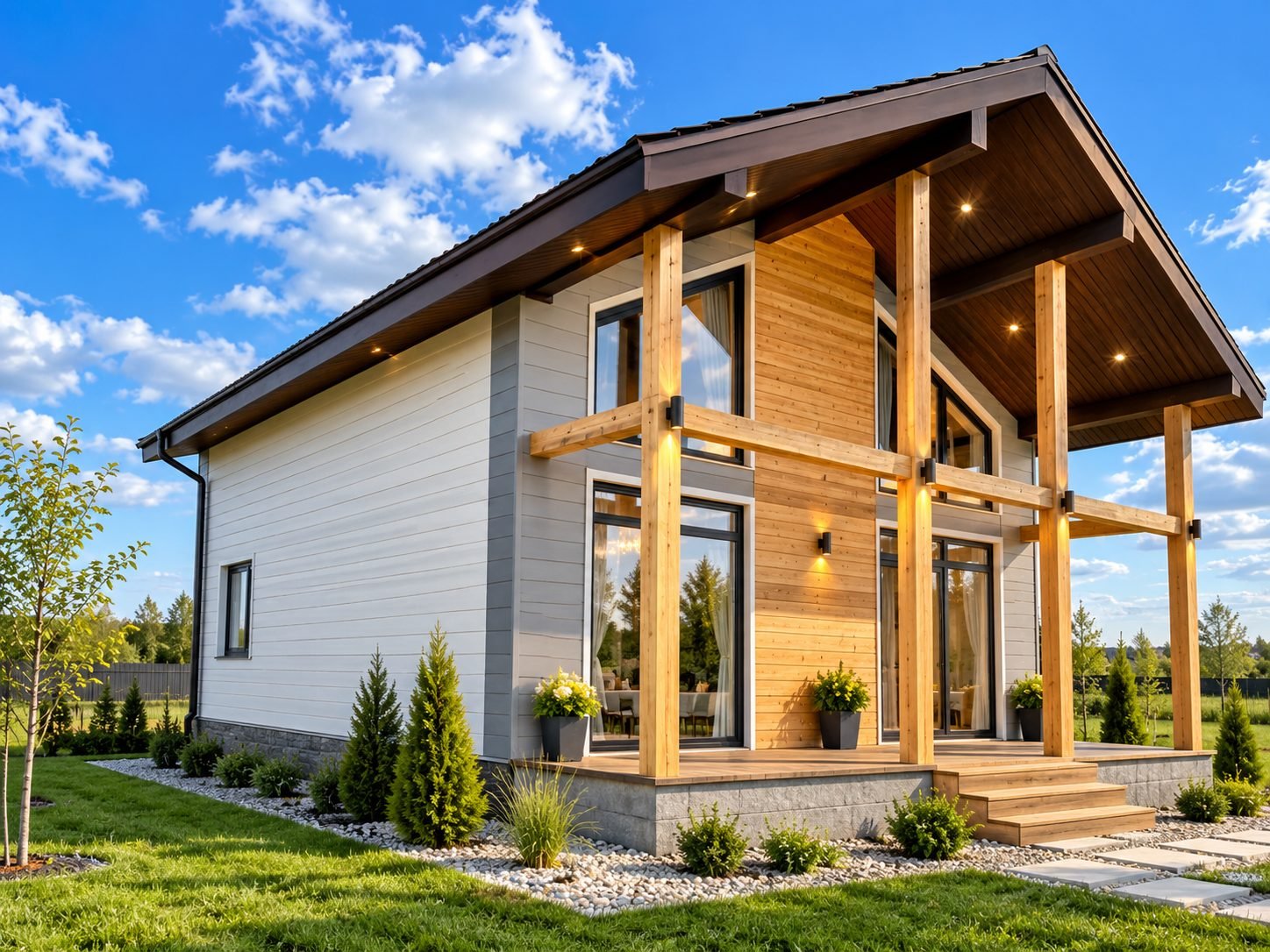 Timber-frame porch on white sided bungalow — ProHands Russia Portfolio 2013–2022