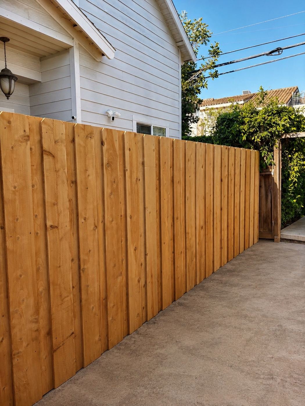 New cedar board-and-batten side-yard fence between two Craftsman homes in Los Angeles, raw cedar finish — ProHands