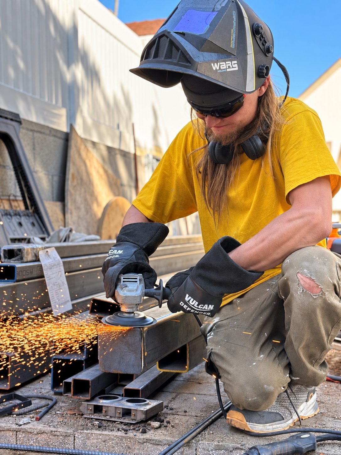 In-shop fabrication — welder with grinder throwing sparks on heavy steel tubing