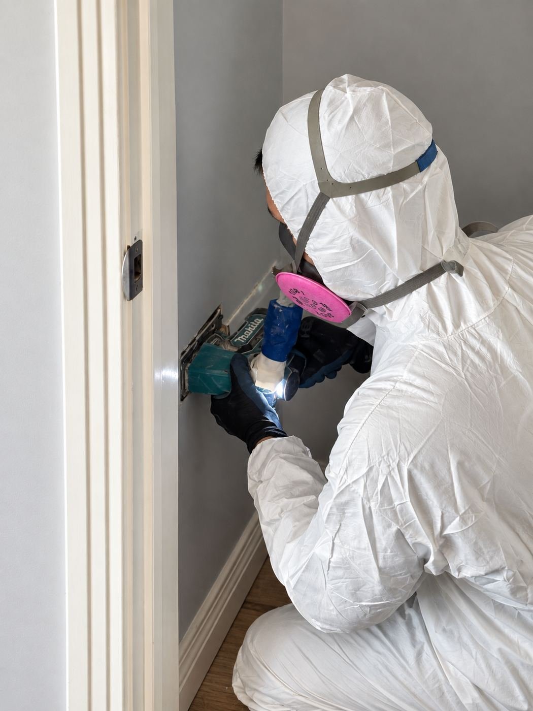 ProHands technician in a full Tyvek suit and P100 respirator cutting into the drywall at the baseboard with a cordless cut-out tool to inspect for hidden mold behind the wall during a Van Nuys water-damage restoration