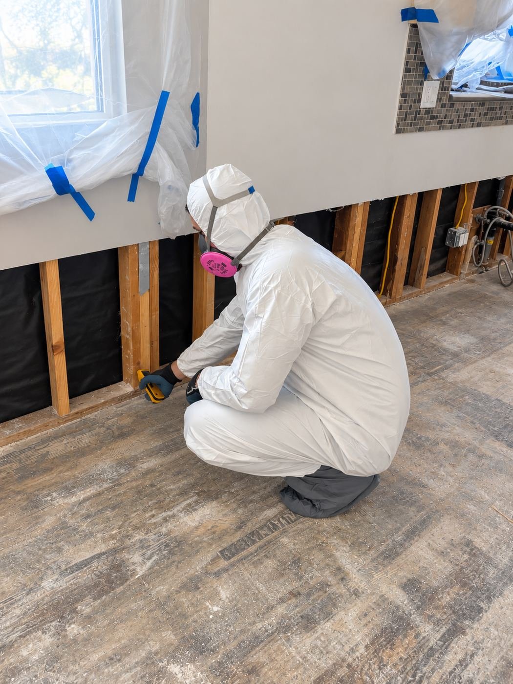 Wall opened to the studs with black vapor barrier intact after mold-affected drywall was removed — ProHands technician in Tyvek and P100 respirator inspecting the exposed framing during a Van Nuys water-damage restoration