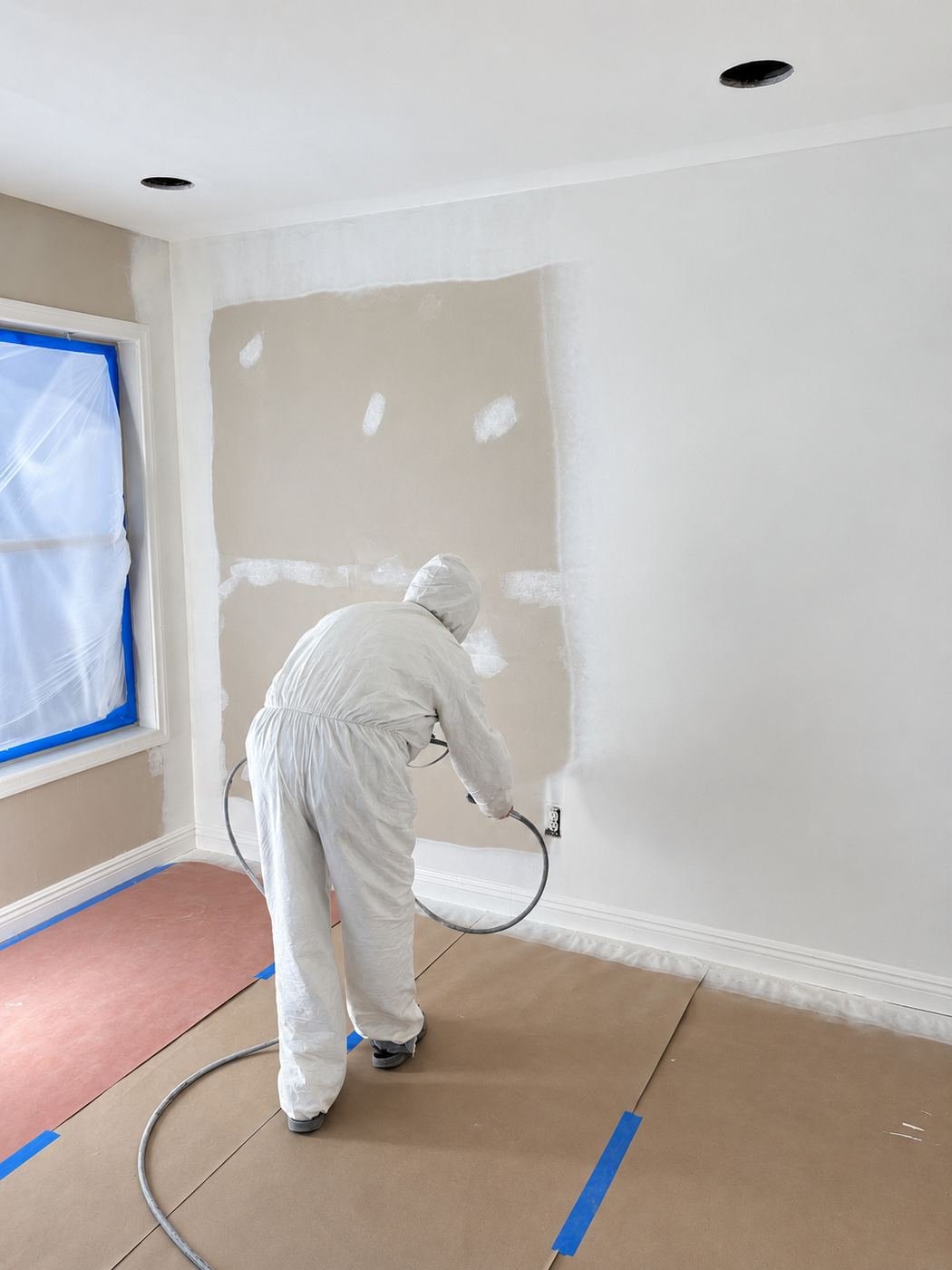 Airless spray applying finish coat during the Van Nuys interior repaint — ProHands painter in Tyvek with the wall half-primed and half-topcoated, floor fully masked with rosin paper