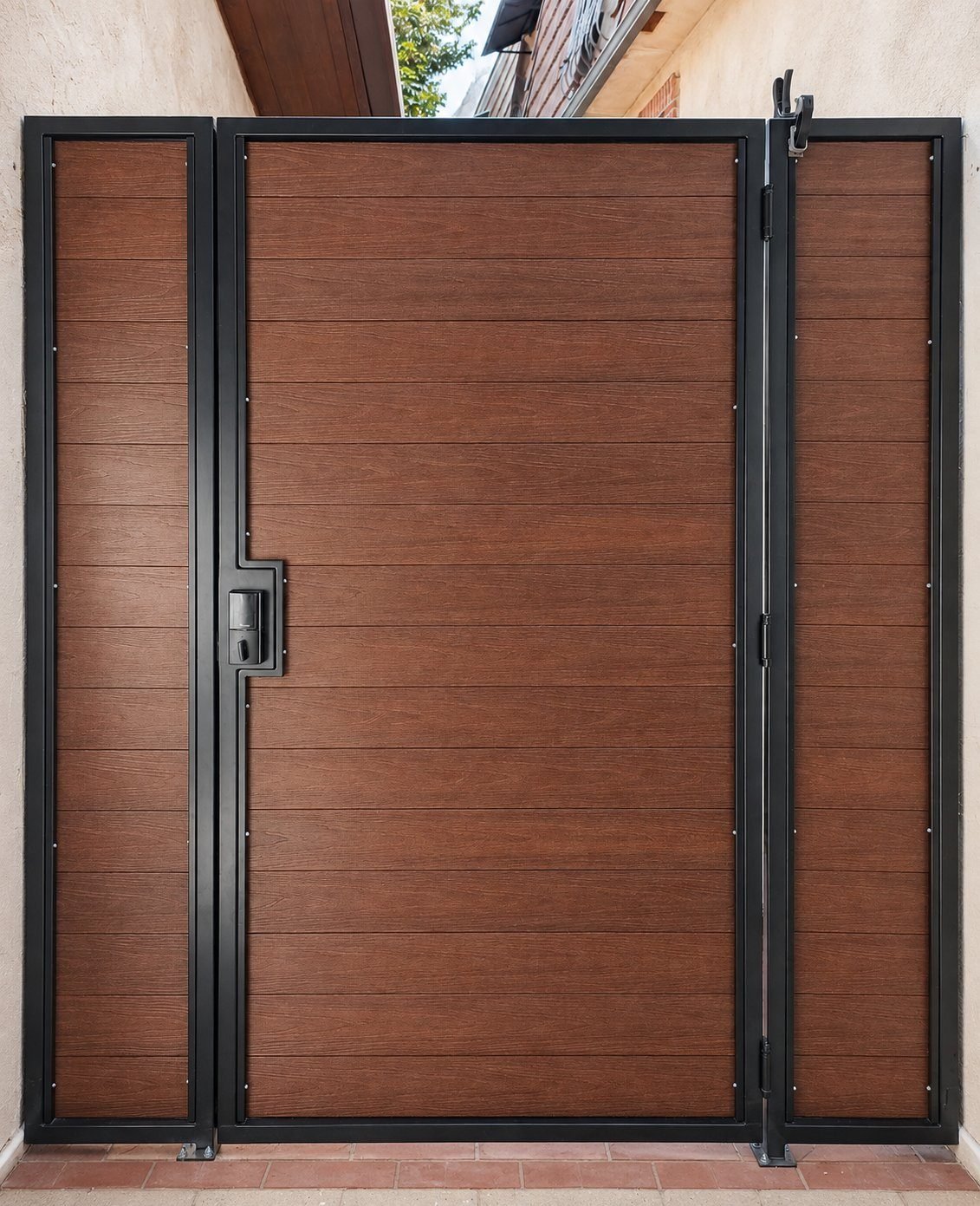 Custom composite and steel side-yard entry gate in matte black, three-panel design with keypad smart lock — ProHands Los Angeles