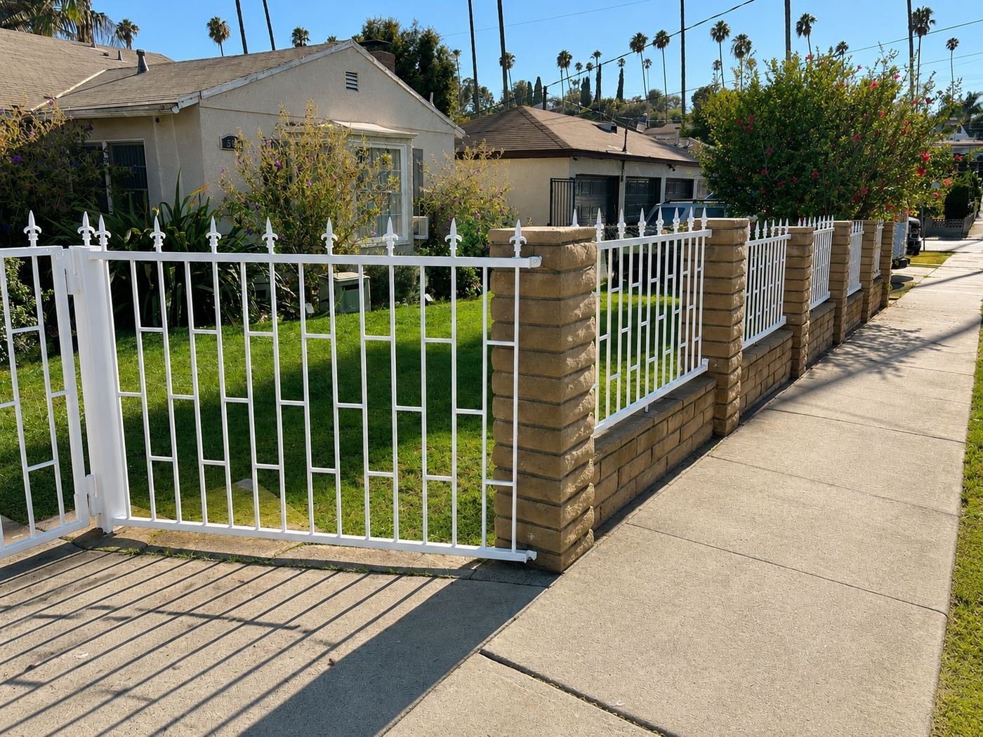 Restored classic wrought-iron fence with fleur-de-lis finials in crisp white, set between faux-brick stone pillars at a mid-century home in Los Angeles — ProHands