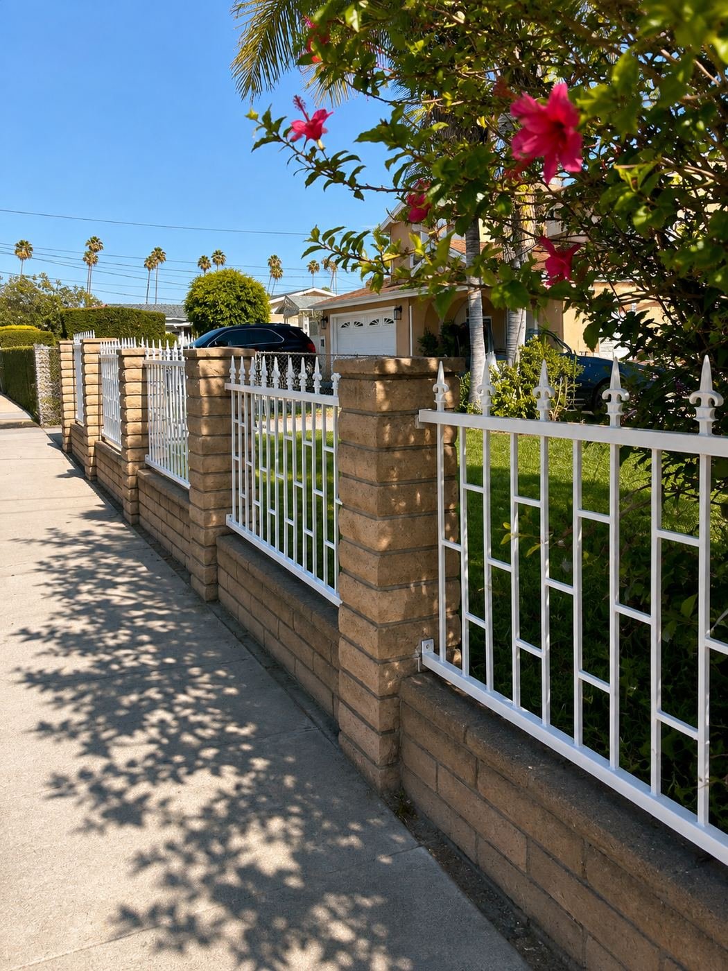 Long perspective view of a restored white wrought-iron fence with pointed finials between stone pillars, pink hibiscus and palms along a residential Los Angeles street — ProHands