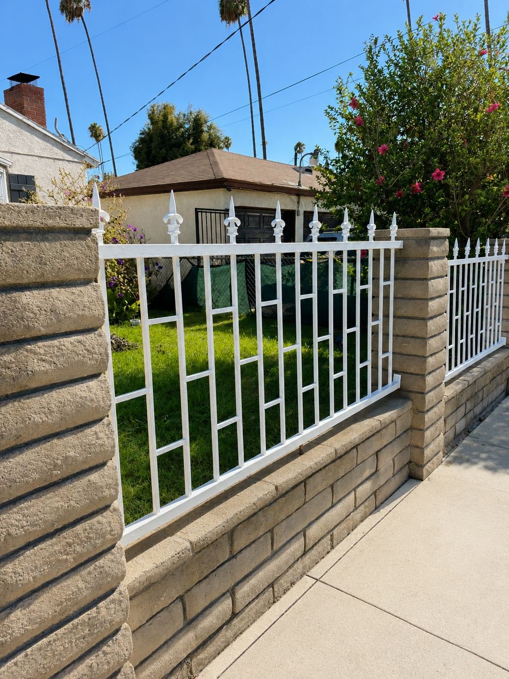 Section detail of a classic white wrought-iron fence with fleur-de-lis finials and vertical pickets after full prime and repaint, set between faux-brick stone columns — ProHands Los Angeles